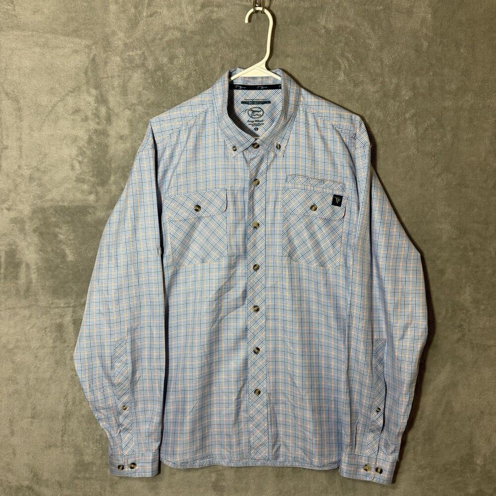 True Flies Button Down Shirt Mens L Blue Lucas Tattersall Plaid Roll Tab Vent